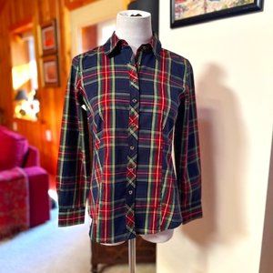 NWT - TALBOTS Navy, Black, Red, Yellow Tartan Plaid Button Down Shirt - 0P